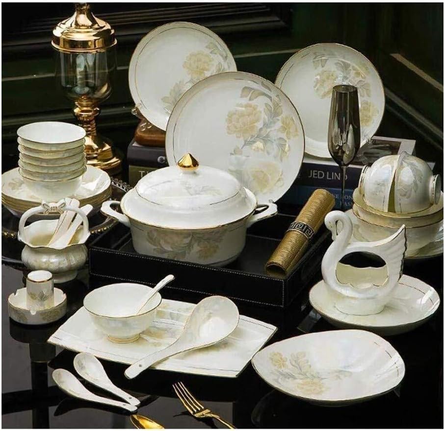 ASYCAN 60-Piece of Kitchen Bone China Dinnerware Set Tableware Set of Ivory White Porcelain, Keramikgeschirrset with Bowls, Dessert Plates, Soup Plates