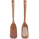 2 Pack Wooden Non Toxic Spatulas for Kitchen Utensils Set Acacia Wood Cooking Spatula Flat Wok Pancake Turner Bamboo Slotted 