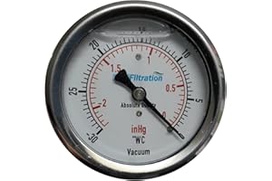 PRM Vacuum Gauge 0 to -30" WC / 0 to -2 inHg, 2.5 Inch Stainless Steel Case, Brass Internals, 1/4 Inch NPT Back Mount, Liquid Filled, Accurate ±1.5% for Air & Water Systems