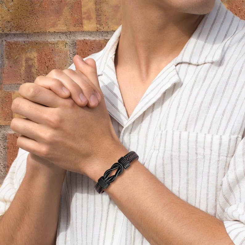 JoycuFF Gift for Men Infinity Bracelet for Men Dad Husband Boyfriend Son Grandson Brother Nephew Uncle Brown Braided Leather Forever Linked Together Stainless Steel Engraved with Love You Forever Jewelry 7.5|8.5|9 Inches
