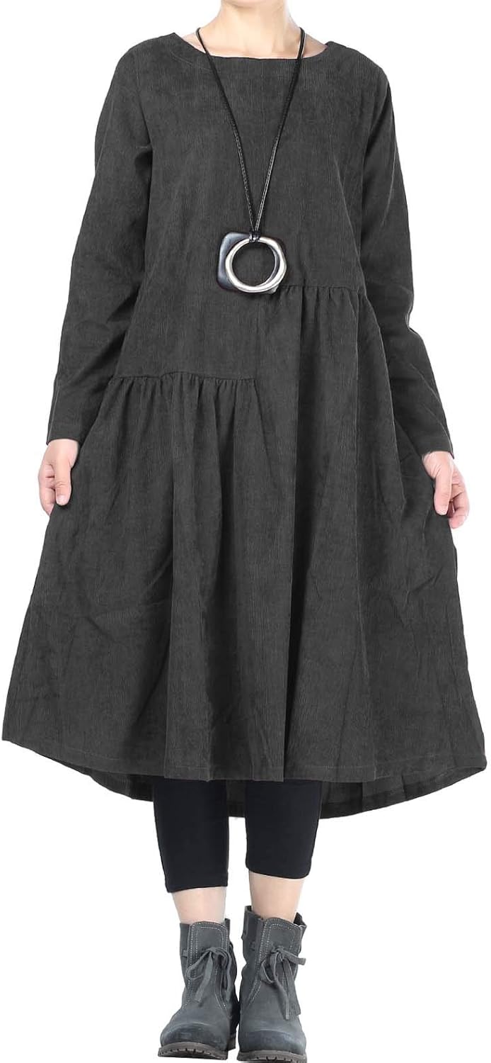 Mordenmiss Women’s Corduroy Pleated Dresses Swing Long Sleeve Dress with Pockets at  Women’s Clothing store