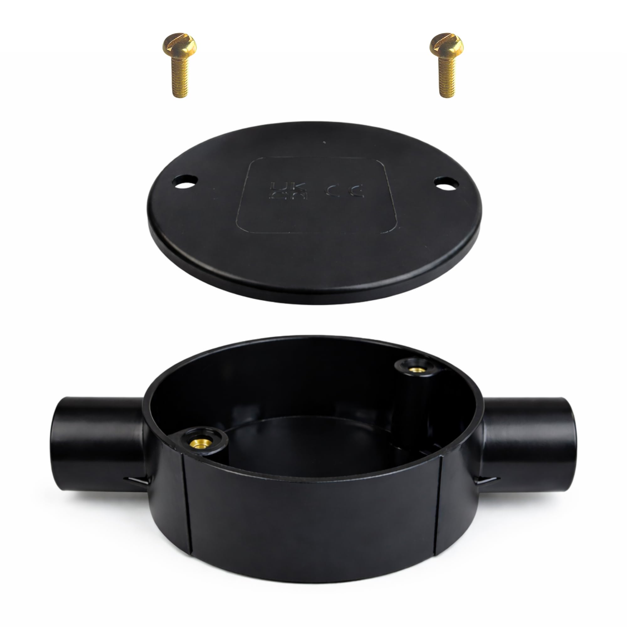Black 20mm PVC Conduit Box 2 Way Through Terminal Box with Lid and Screws - Pack of 1