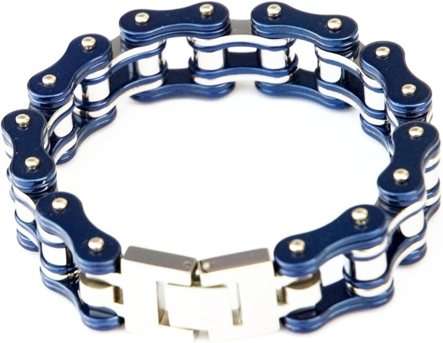 Bike Chain Bracelet 2Tone Royal Blue and Silver Stainless Steel (8 Inches) Clothing