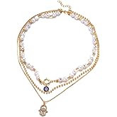Hamsa Hand Evil Eye Pendant Layered Pearl Beaded Necklace For Women Boho Spiritual Protection Evil Eye Charm Gold Tone Adjustable Statement Gift