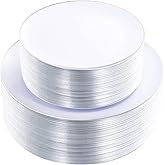 KIRE 100PCS Silver Plastic Plates - Heavy Duty White Disposable Plates with Silver Rim for Party/Wedding - Include 50Pcs 10.25inch Dinner Plates and 50Pcs 7.5inch Dessert Plates for Christmas