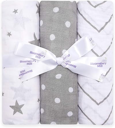 Bloomsbury Mill Baby Swaddle Blanket 3 Pack Organic Cotton 120x120cm Grey