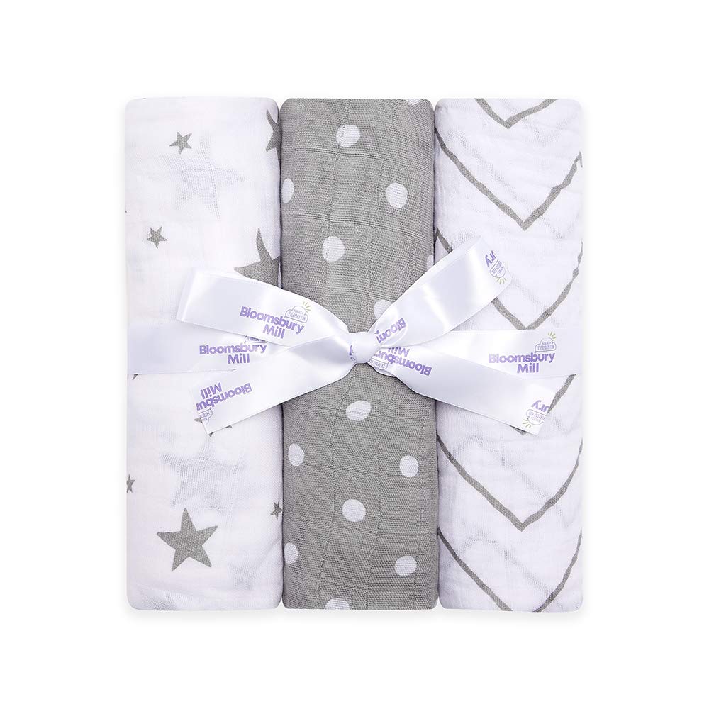 Bloomsbury Mill - Baby Swaddle Blanket - Soft 100% Organic Cotton Swaddles for Newborn - Large Muslin Cloths for Baby - Pack of 3 - Essentials for Newborn - Grey & White - 120x120cm