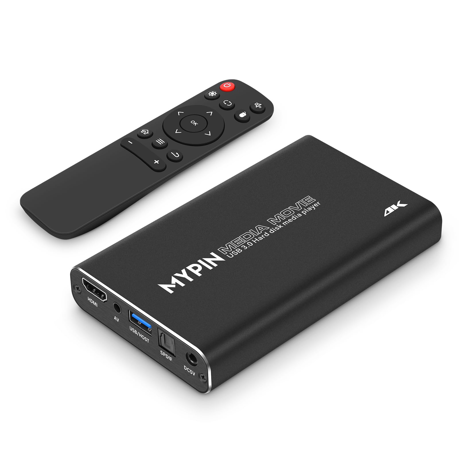 4K HD Media Player, MYPIN HDMI/AV/Coax Output for MP4 MP3 MKV with Remote Control, Play Videos and Photos with USB3.0 Drive/SD Card/HDD/External Device, Support Insert Internal 2.5-in SATA Hard Drive
