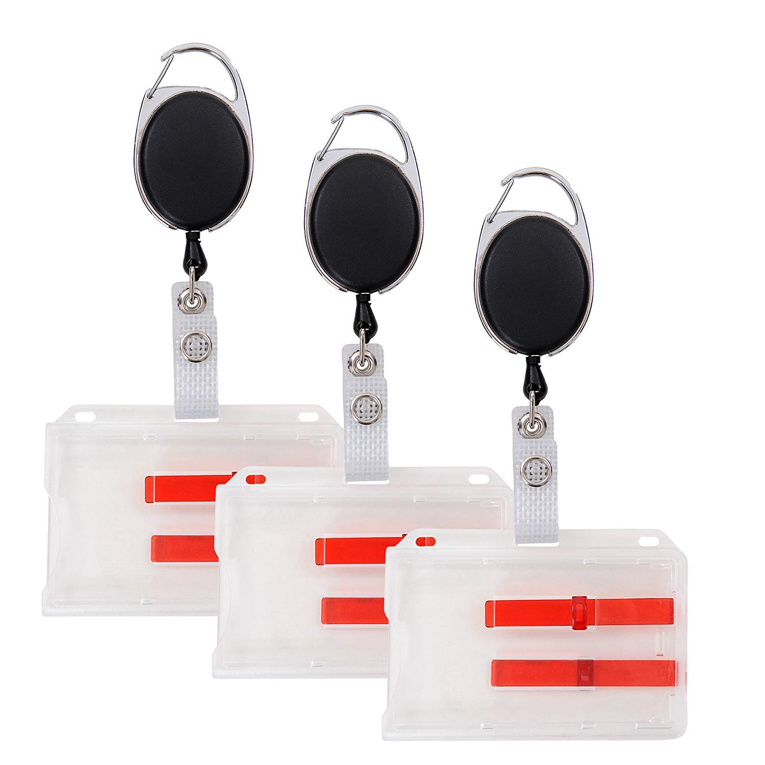 3 Pack Retractable Badge Holders with ID Card Holders - 3 Badge Reels w/Carabiner Clip - 3 horizontal ID Card ejector slider Holder Out Tab Badges with slides …
