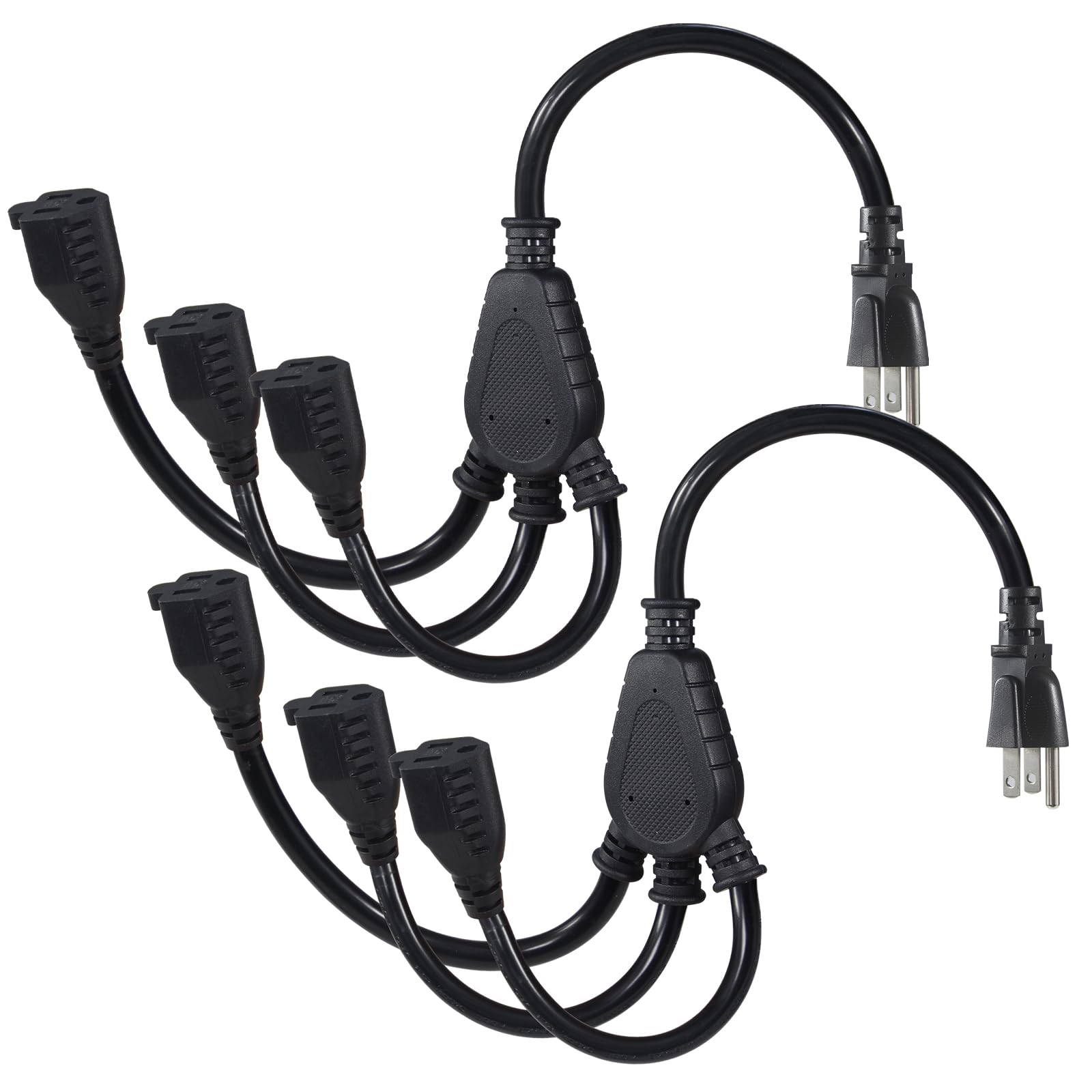 Photo 1 of KUNCAN 3-Outlet Splitter Extension Cord - 3 Prong 1 to 3 Way Power Splitter Extension Cable, 1FT 16AWG 13A/1625W, NEMA 5-15P to 3*NEMA 5-15R Y Style Extension Cord (Black 2-Pack)