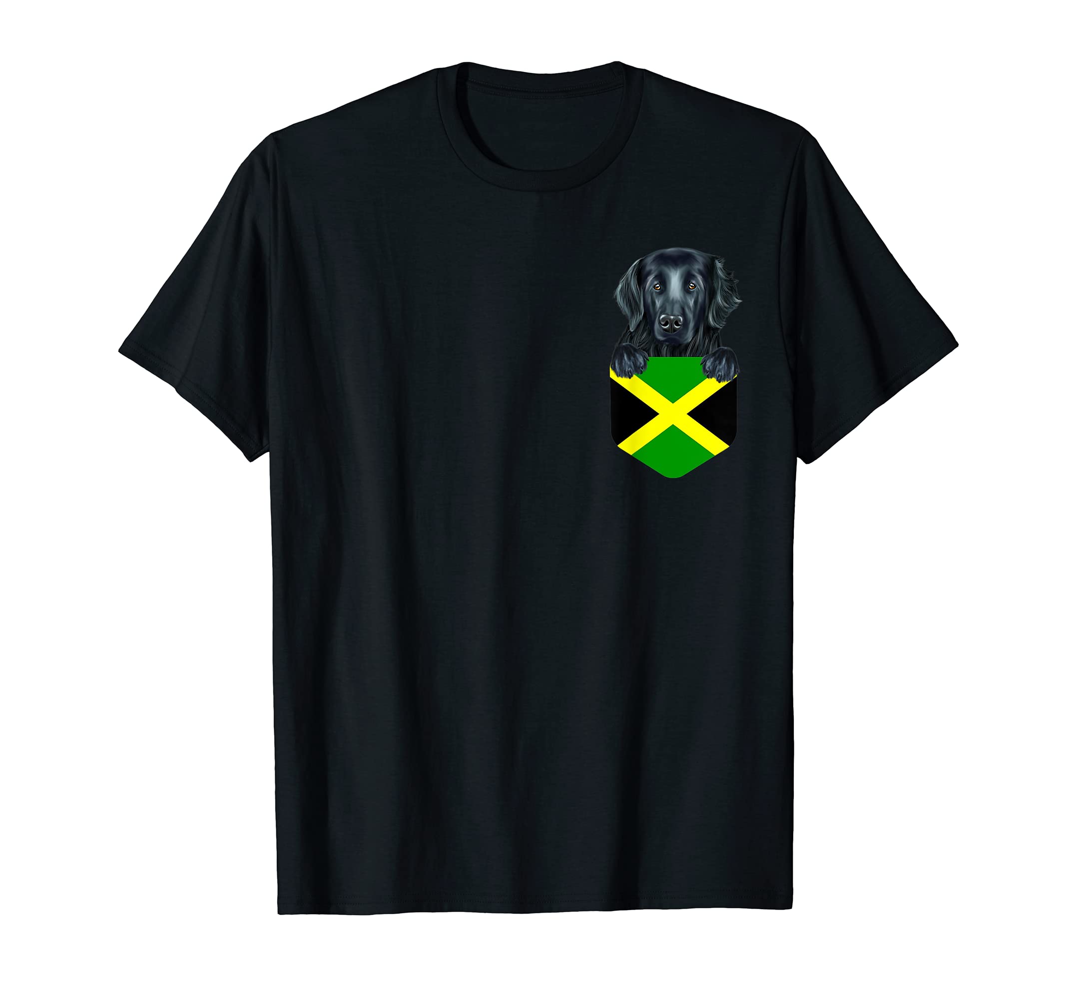 Jamaica Flag Flat-Coated Retriever Dog In Pocket T-Shirt