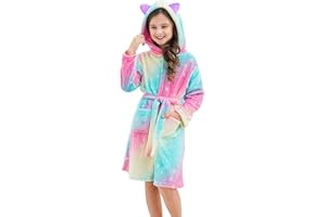 Doctor Unicorn Girls Leopard Cat Robe Kids Fleece Warm Hooded Bathrobe