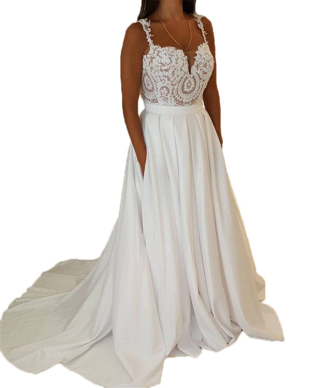 Lace Appliqued Spaghetti Straps Bridal Gowns with Pockets Wedding Dresses