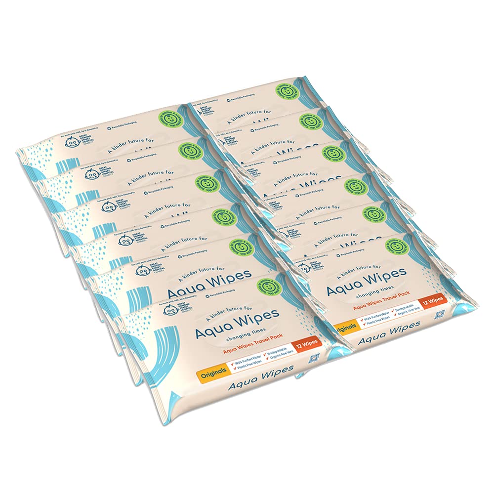 Aqua Wipes Originals (Travel size) Baby Wipes - Biodegradable Wipes - 99.6% Purified Water Paediatrician tested – Plastic free Wipes with Organic Aloe Vera Extract - 12 packs, 12 wipes per pack