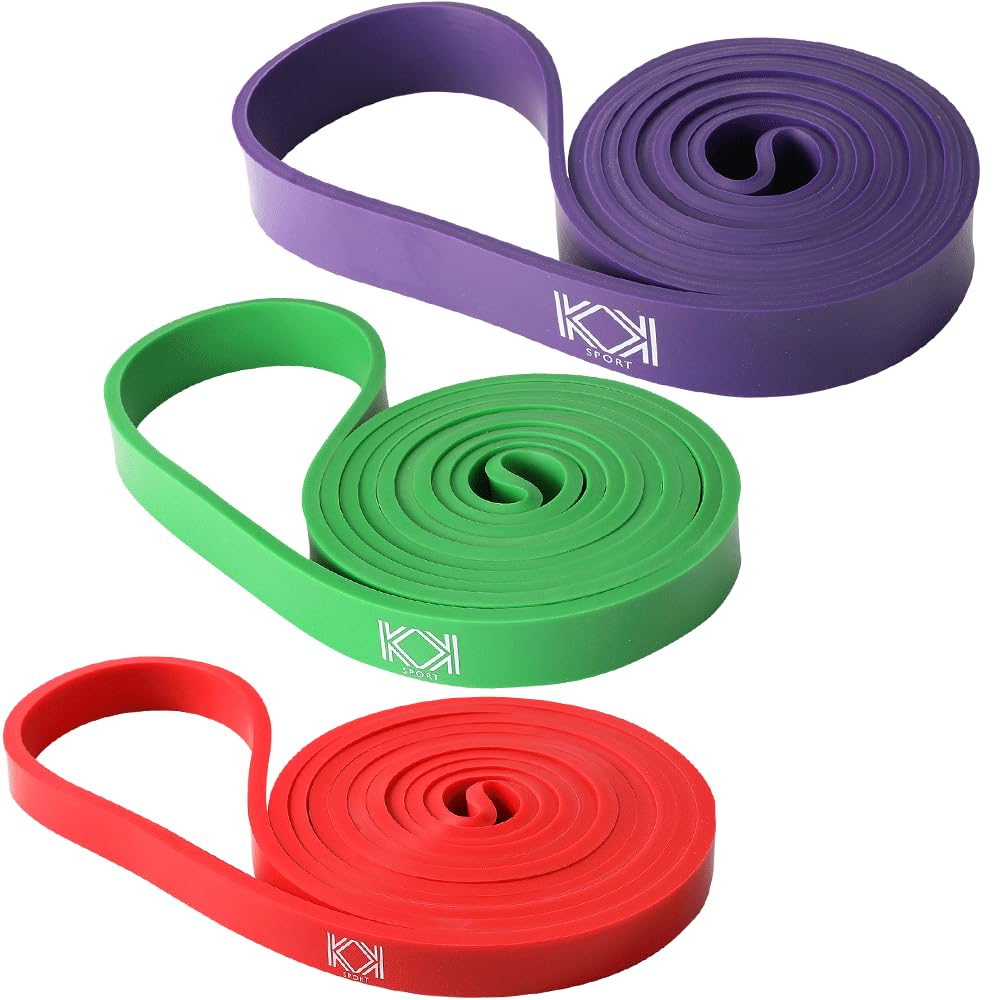 KK Resistance bands for men and women fitness workout exercise, flexibility and strength training. Pull up resistance exercise bands suitable for home, gym. (Red-Green-Purple)
