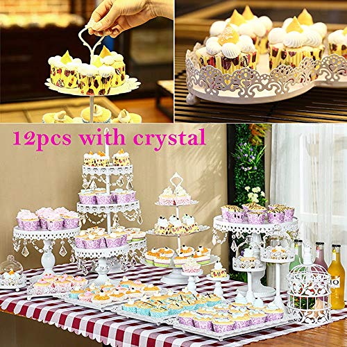 12 Set Metal Crystal Cake Holder Cupcake Stand Cake Dessert Holder with Pendants and Beads,Wedding Birthday Dessert Cupcake Pedestal Display,White (12) - Thumbnail 7