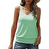 Hongqizo Women Tank Top Summer V Neck Ribbed Casual Tops Sleeveless Loose Fit Banded Bottom Camisole