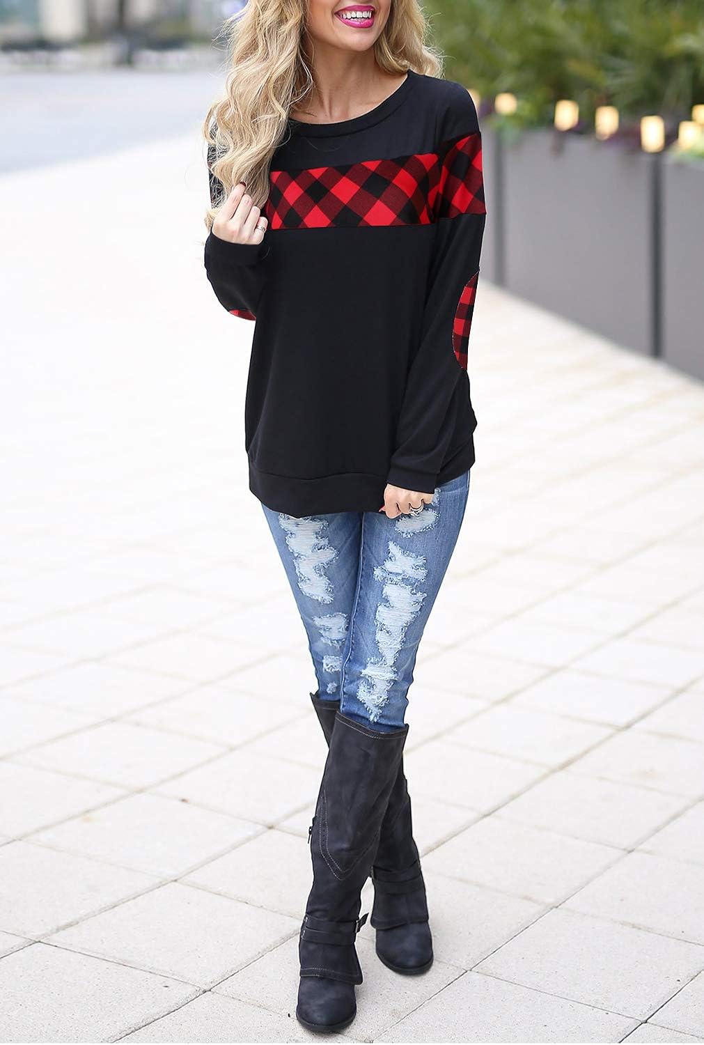 Blooming Jelly Women's Color Block Plaid Shirt Crewneck Sweatshirt Elbow Patches Pullover Sweatshirt Top at  Women’s Clothing store