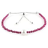 CRYSTALIS Natural Ruby Stone Beads Slider Bracelet with Elegant Pearl, High Grade Beaded Crystals, Chakra Healing Gemstone, Women Jewelry, 925 Sterling Silver Slider 10 inch