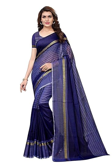 Paradise Creation Womens Cotton Silk Saree with Unstitched Blouse Piece (Navy Blue)