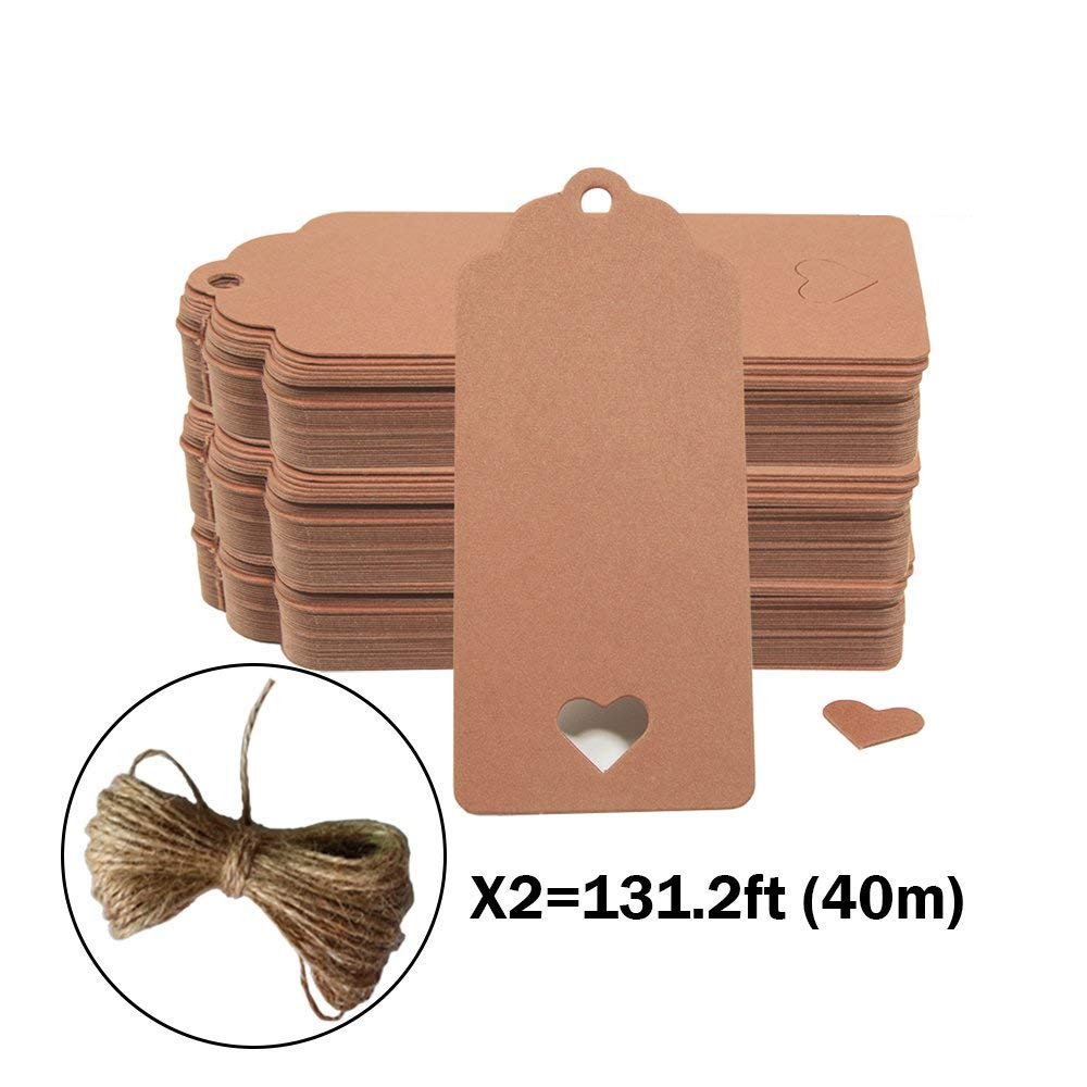CRIVERS 200pc Hollow Heart Shape Kraft Paper Tags, Gift Tags/Hang Tags with Free Natural Jute Twine for Christmas Wedding Thanksgiving Birthday Holiday Party Favors (Buff)
