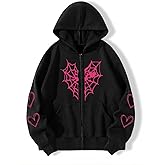 Oversized Y2K Zip Up Hoodie for Women Men Gothic Spider Web Heart Graphic Sweatshirt Punk Harajuku Alt Emo Streetwear
