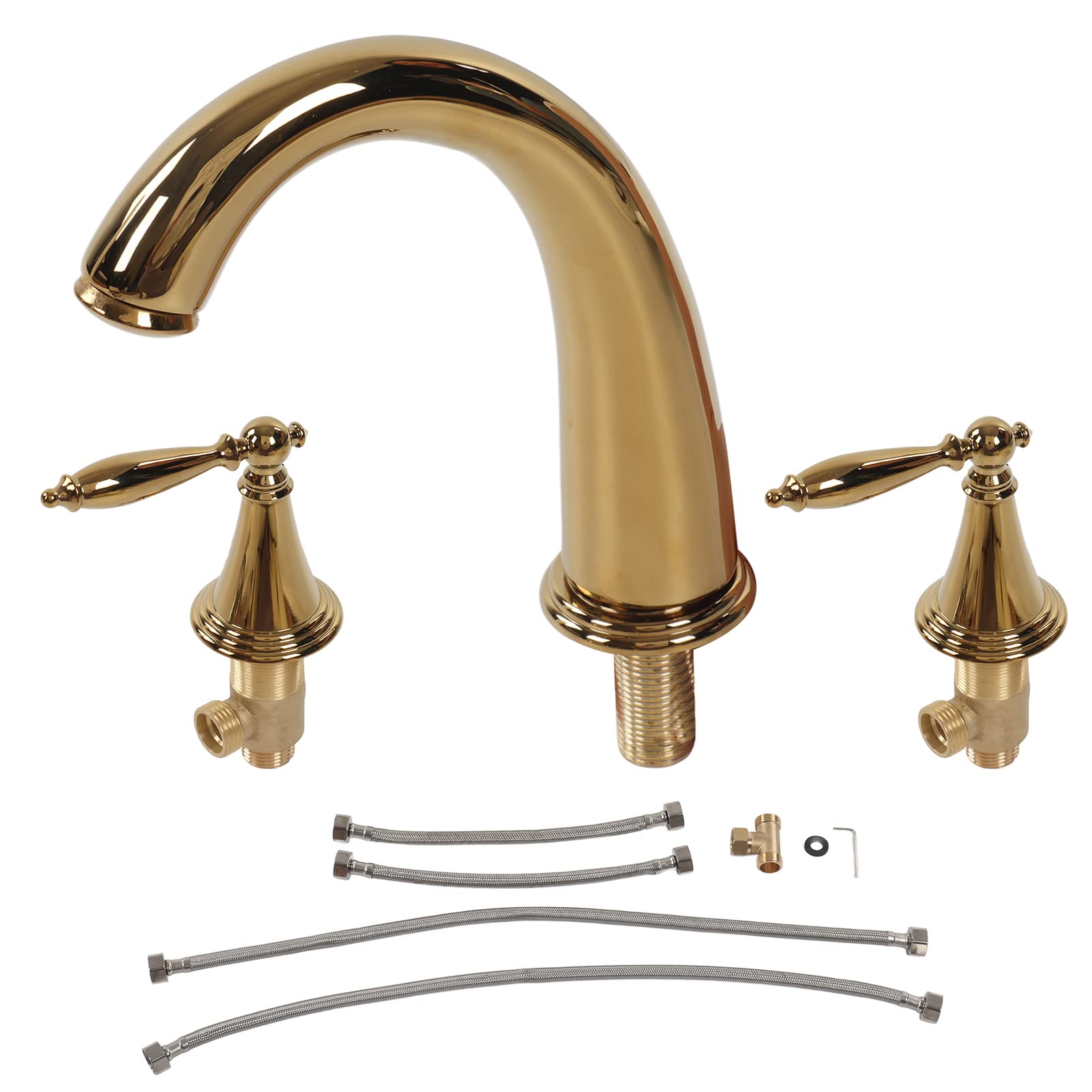3 Holes Basin Faucet, Vintage Double Handle Basin Mixer Tap, Full Copper Bathroom Tap Hot and Cold Water Taps(Gold)