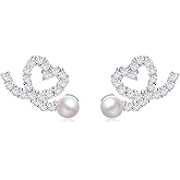 Pearl Love Heart Stud Earrings for Women, 18K White Gold Plated Cubic Zirconia Forever Earrings With Sterling Sliver Pin