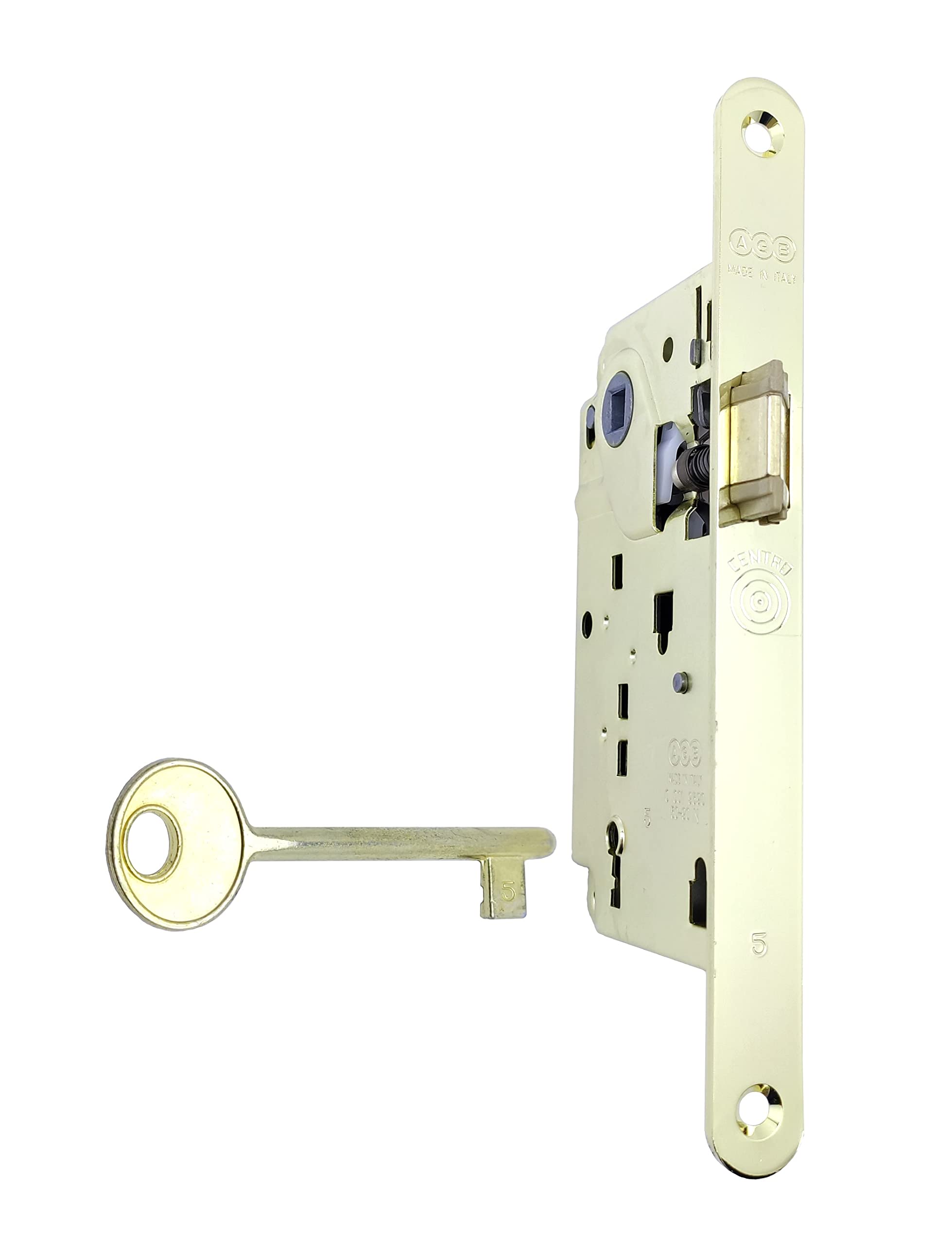 AGB - Center Series Internal Door Lock (Fr. 18x196, In. 90, En. 50, Qu. 8., Key Latch, Painted Brass)