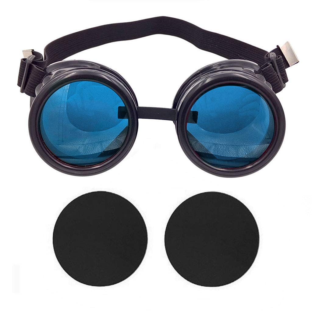 TamBee New Colored Diamond Lens Vintage Steampunk Goggles Glasses Welding Black With Blue Rechangeable Lens Halloween Face Mask