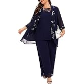 3 Piece Mother of The Bride Pant Suits Plus Size Chiffon Sets Embroidered Laces Wedding Guest Outfit with Jacket