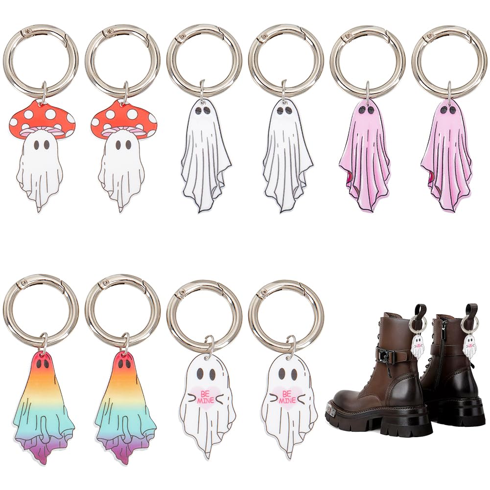FINGERINSPIRE 10 Pcs Halloween Charms Pendants 5 Styles Ghost Shape Acrylic Shoe Charms with Alloy Spring Rings Halloween Key Chains Ghost Key Rings Halloween Theme Charm for Boots Shoes Bags Decor