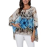 Ckikiou Plus Size Batwing Flowy Semi Sheer Chiffon Blouse Tunic for Women Summer Floral Print Boho Beach Cover ups