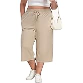 Cheapestbuy Women's Plus Size Capris Wide Leg Crop Casual Pants Comfy Summer Pants with Pockets Drawstring