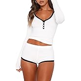 Lacozy Womens Pajama Sets Sexy 2 Piece Sexy Pj Set Woman V Neck Button Long Sleeve Crop Top and Shorts Lounge Sets