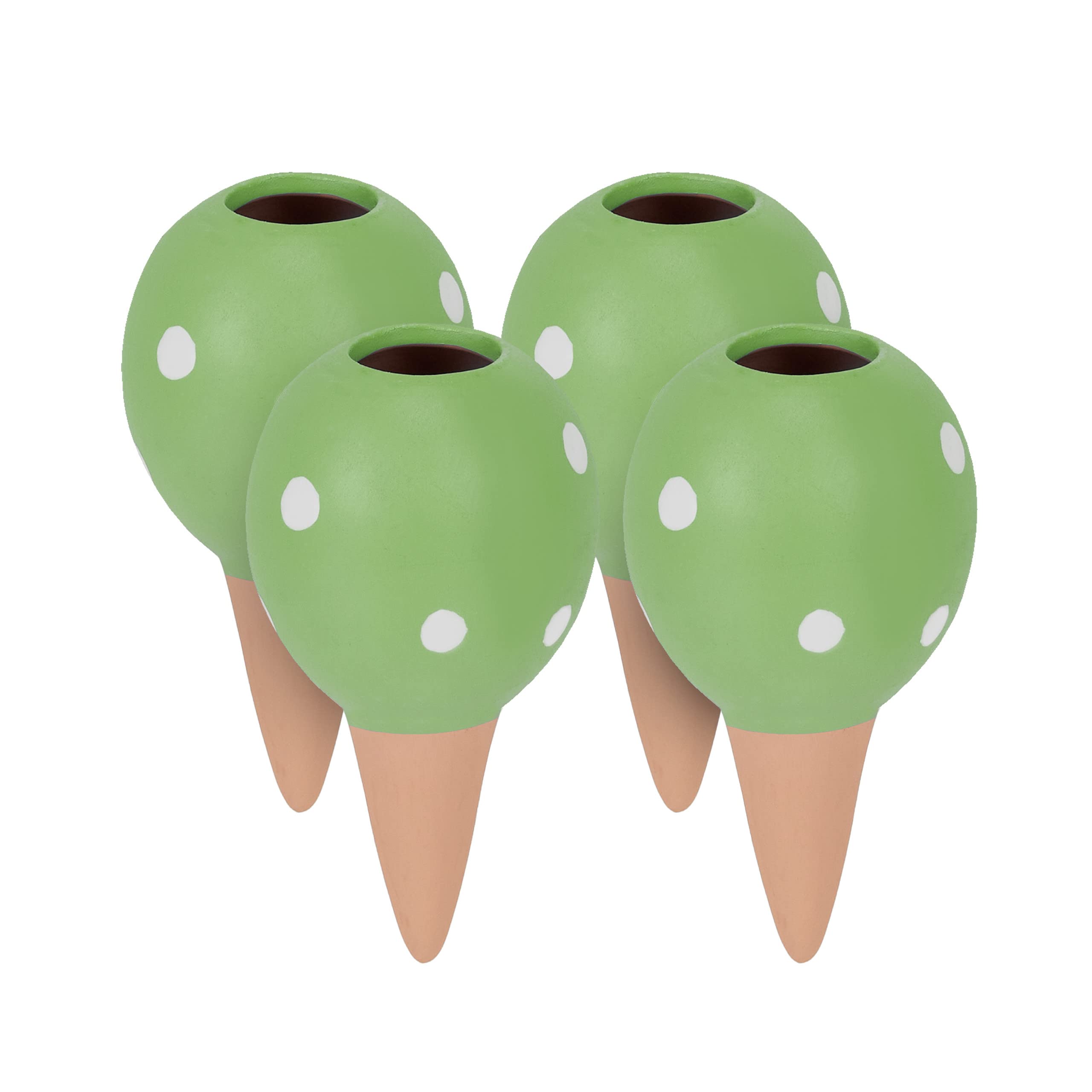 Relaxdays Clay Watering Spikes, Set of 4, Each 100 ml, Spotted Design, for House Plants & Outdoor Pots, Terracotta/Green, Ceramics