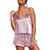 Aamikast Womens Silk Satin Pajama Sets Sexy Cami Ruffled Shorts Sets 2 Piece Pjs Sleepwear