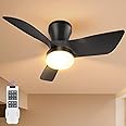 VOLISUN Small Ceiling Fans with Lights, 30in Flush Mount Ceiling Fan with Light and Remote, 3CCT Dimmable Low Profile Ceiling Fans with Light,Black Modern Ceiling LED Fan Light for Bedroom,Livingroom