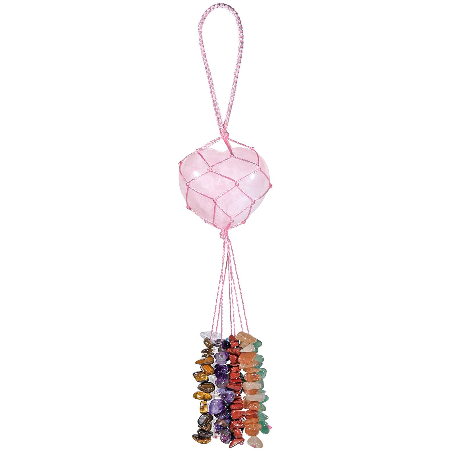KYEYGWO Rose Quartz 7 Chakra Crystal Stone Heart Hanging Ornament, Reiki Healing Love Crystal Hanging Gemstone Heart Shaped Wall Hanging Window Decoration for Home Car Wedding
