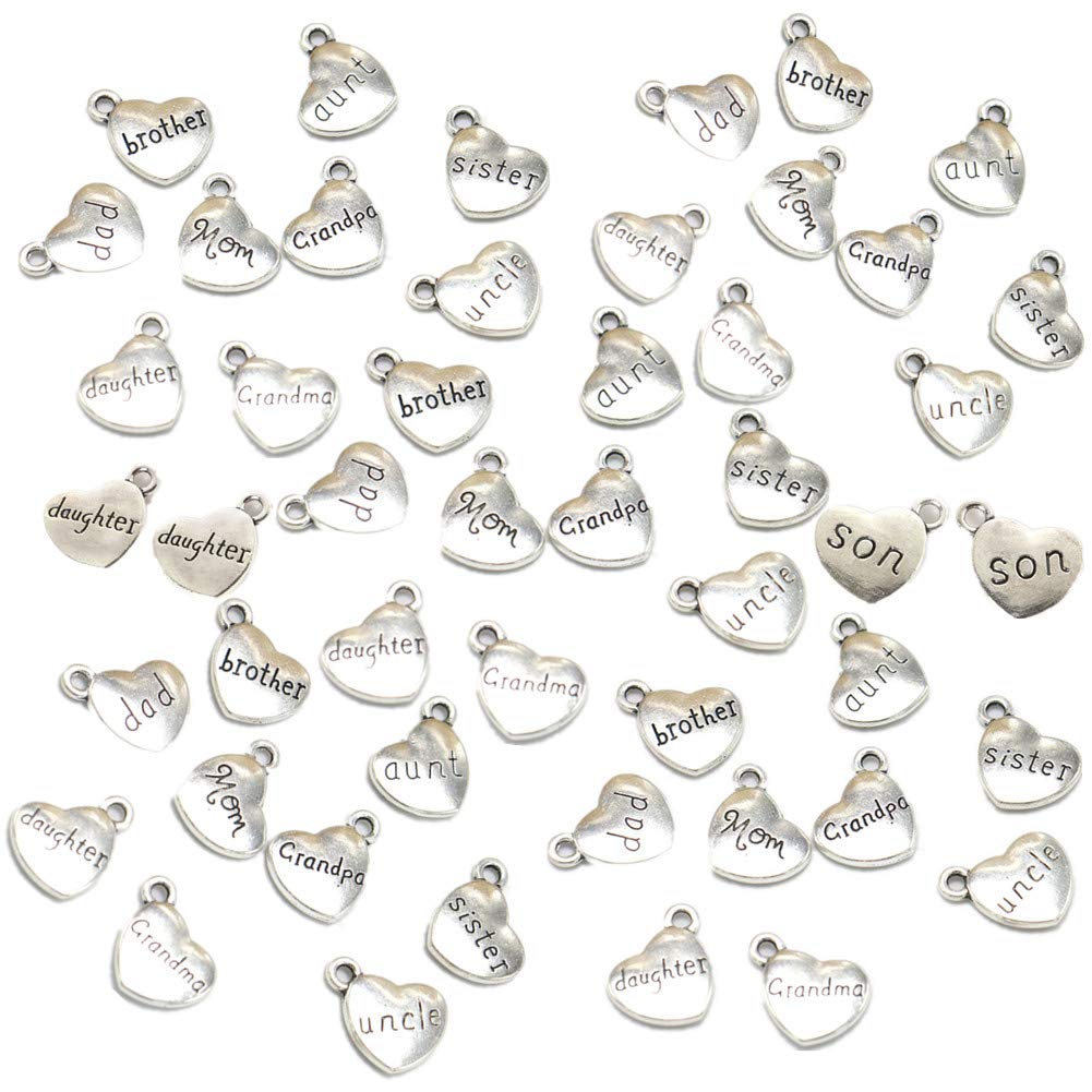 Zhiheng 50 Pack Family Pendant Heart Shaped Charms Mom Dad Brother Sister Grandma Grandpa Uncle Aunt Daugther Son Alloy Loose Beads for Jewelry Making Wine Charms (Silver)