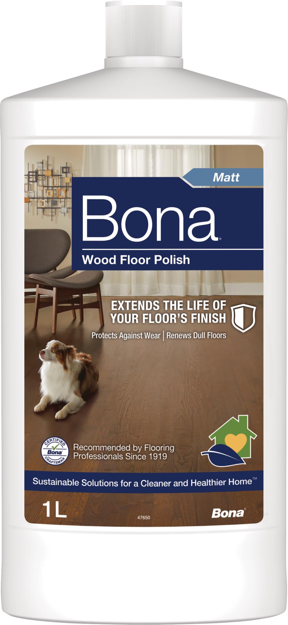 Bona Wood Floor Matt Polish for Hardwood & Wooden Floors, Maintains Natural Low Sheen Finish on Sealed Wood, Parquet & Engineered Floors, Covers up to 50m², 1L