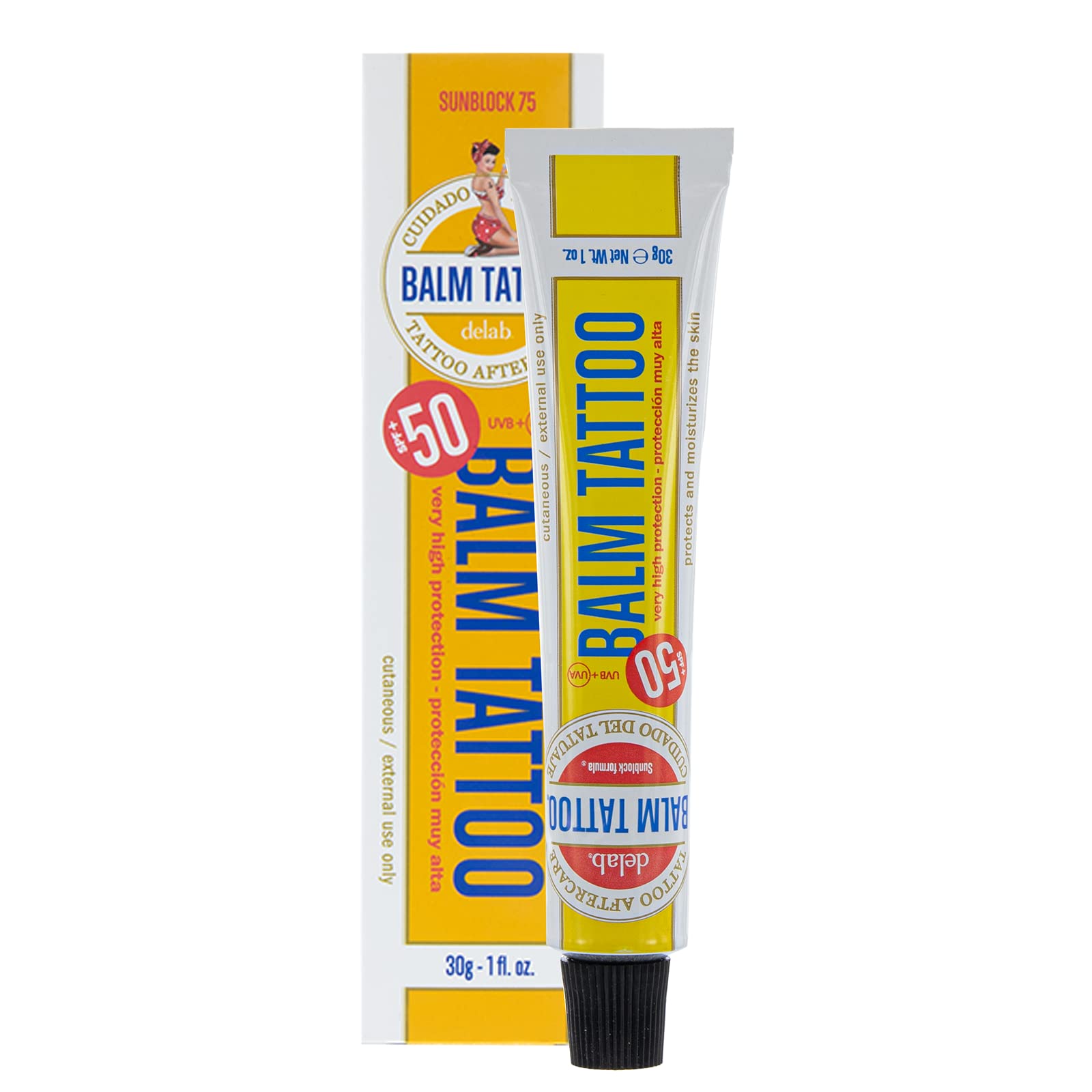 BALM TATTOO - Sun Cream for Tattoos - Solar Tattoo Balm 75 - High protection UVA + UVB - SPF 50+ - Moisturizes and Regenerates the Skin - No Parabens or Colourants - Skin Use - 30 gr