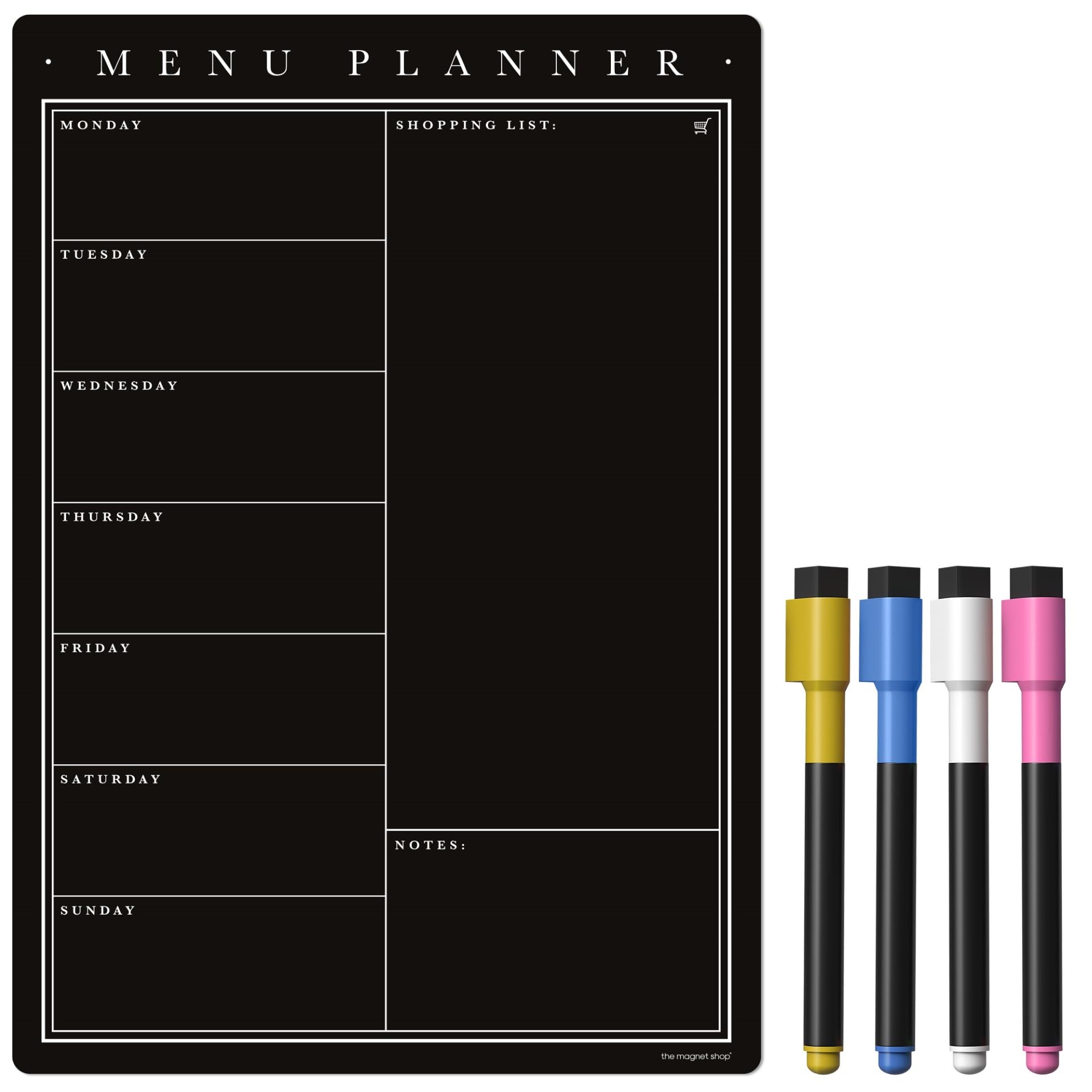 TMS Magnetic Weekly Planner with Liquid Chalk Pens, Fridge Kitchen Blackboard - Meal Planner and Shopping List - Dry Wipe Magnetic Chalkboard, Family Planner Whiteboard (Black Chalkboard, A4)