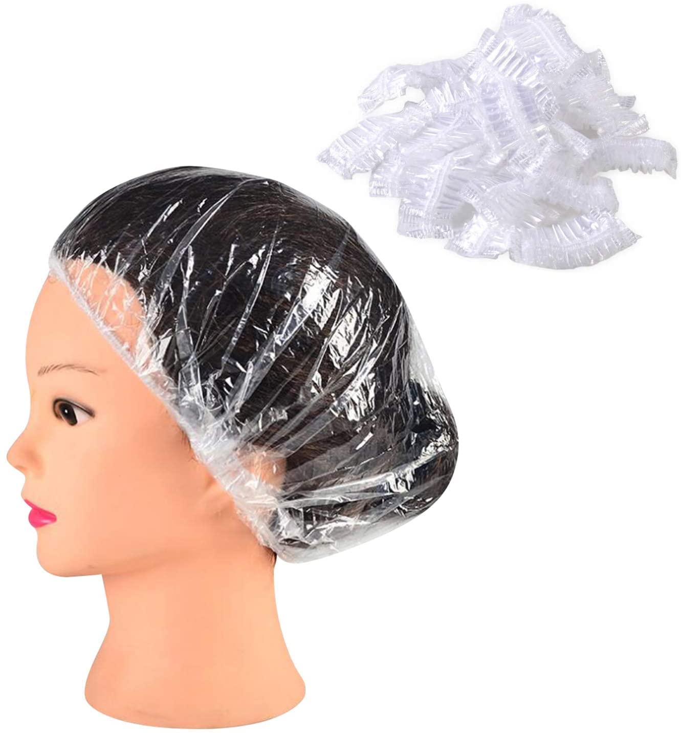 KEAIDUO 100pcs Disposable Larger Shower Caps, 50cm Plastic Elastic Bath Cap Waterproof Thicker Hair Caps for Men Women Long Hair Home USE, Hotel, Spa and Hair Salon, Portable Travel