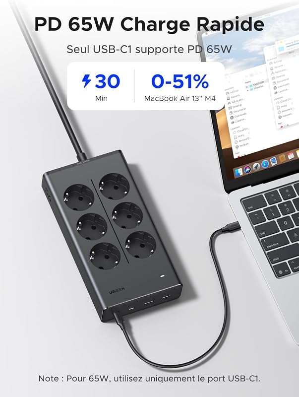 10 EN 1 Multiprise PD 65W USB C 6 Prises avec Interrupteur 3680W 16A — photo 3 sur 8
