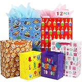 Fzopo Kids Birthday Gift Bag Assortment, Heavy Duty Paper Gift Bags, Red, Blue, Purple, Yellow, Brown (Pack of 12 Small, Medium, Extra Large Bags for Birthdays, Kid Party, Children's Day)