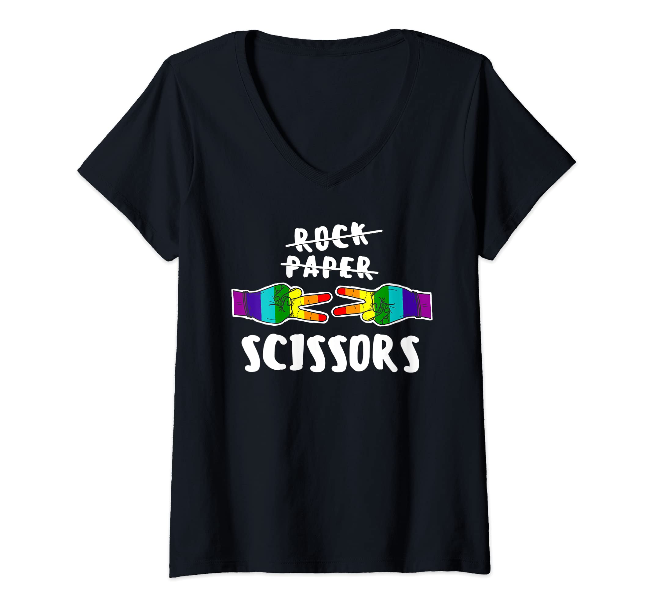 Womens Rock Paper Scissors LGBT-Q Gay Pride Proud Ally Rainbow Flag V-Neck T-Shirt