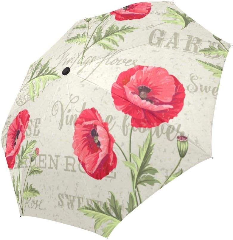 InterestPrintInterestPrint Antique Red Poppy Flowers Windproof Automatic Open and Close Folding Umbrella, Vintage Watercolor Floral Poppies Unbreakable Portable Outdoor Travel Compact Umbrella with UV Protection