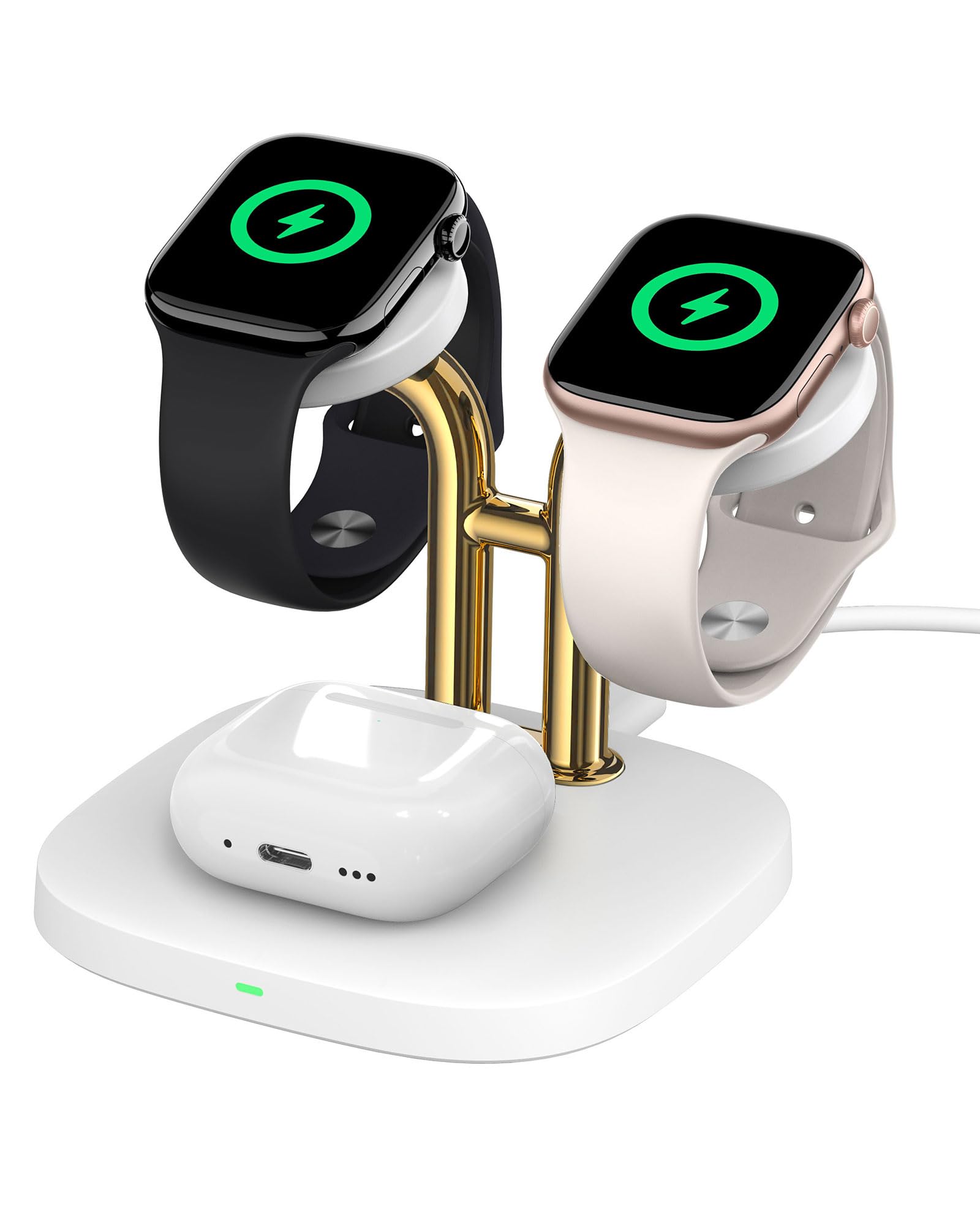 Dual Watch Charger with Fast Charging for Apple Watch, SwanScout 704A, 3-in-1 Wireless Charging Station Stand for Apple Watch Ultra 3/11/10, Wireless Charger Dock for AirPods Pro 3/4/3 (White & Gold)