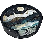 Mountain Sunset Leather Drinks Coasters with Holder Set of 6, Suitable for Kinds of Cups